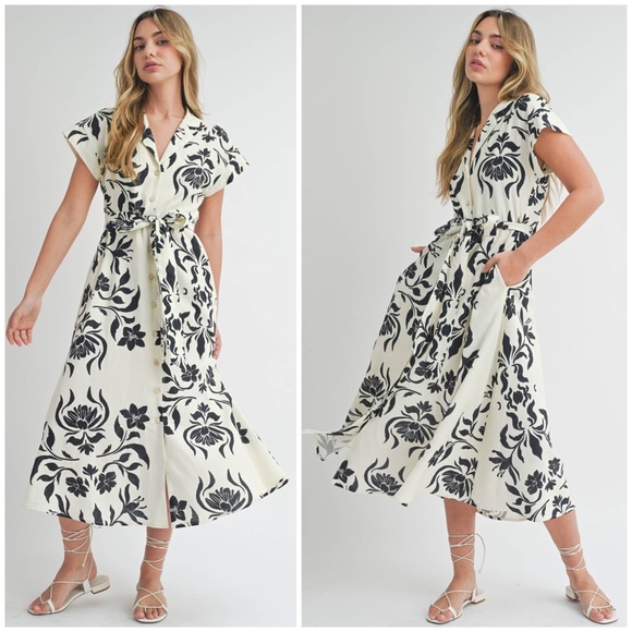 Miou Muse, Tiger Lily Floral Print Button-Down Linen Blend Midi Dress - Picture 5 of 16